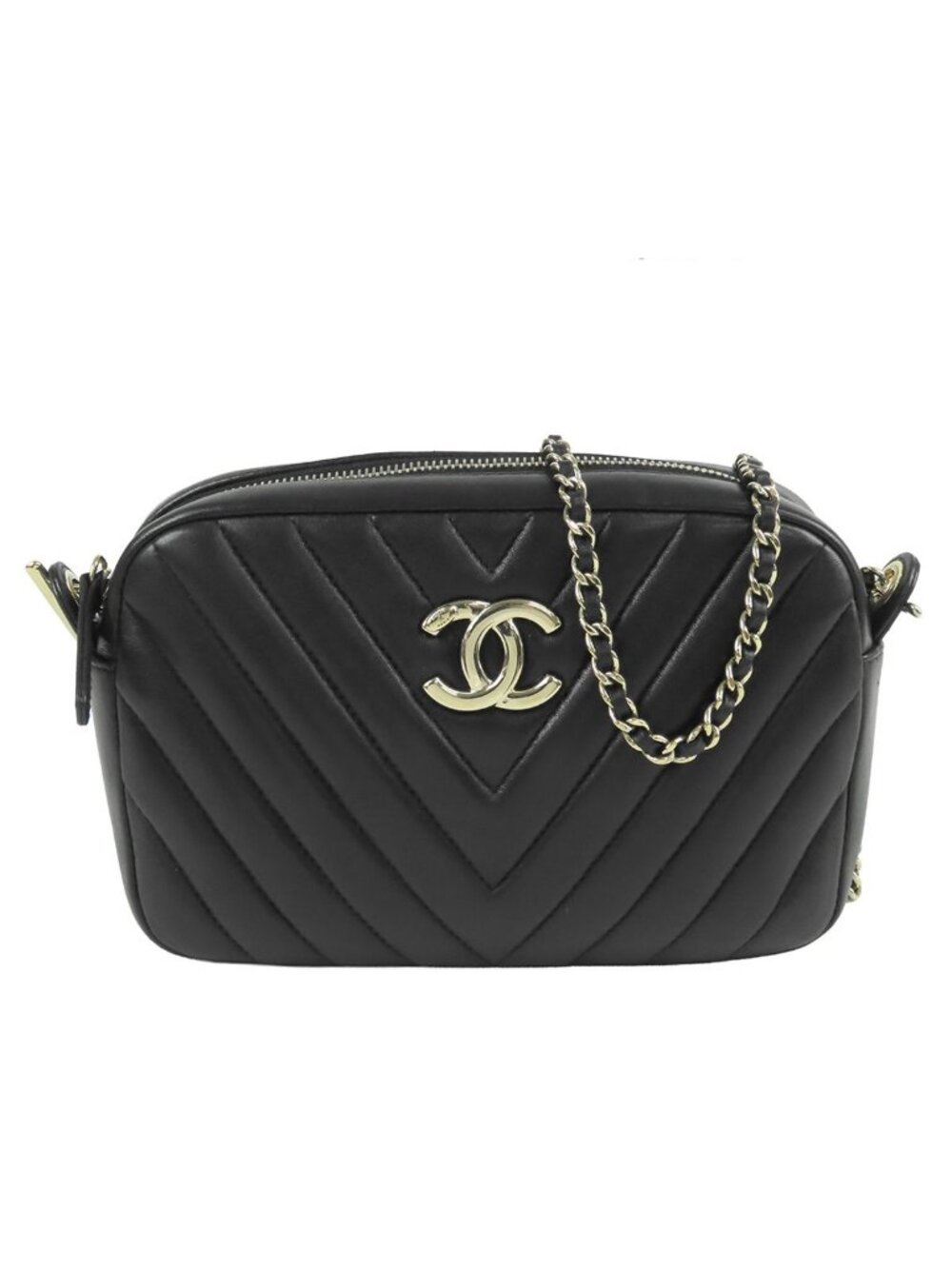 Chanel Chain Shoulder Bag Black Gold Lambskin V-stitch Chevron